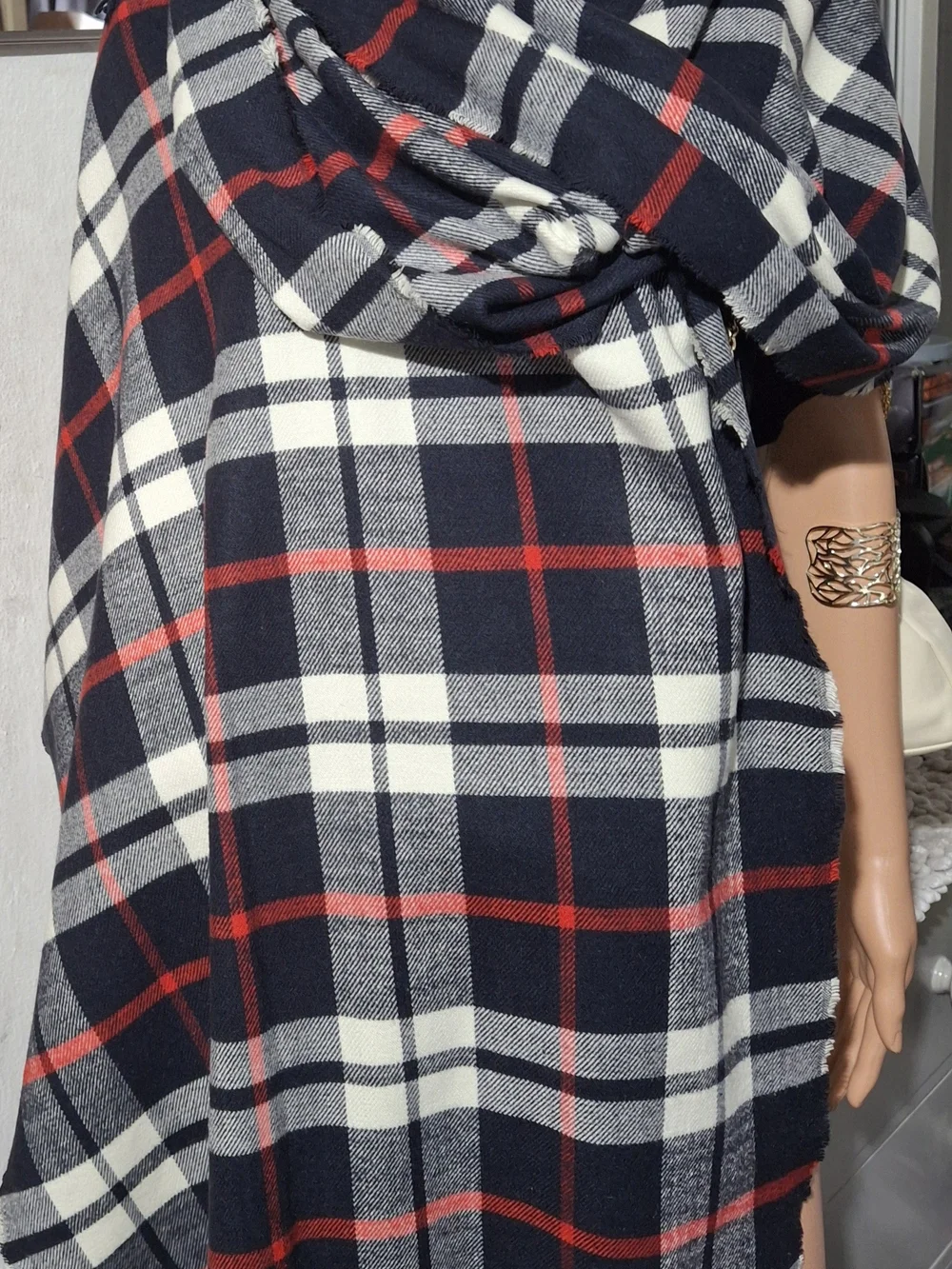 J. Crew Black & White Plaid LADIE Scarf with Red Accents